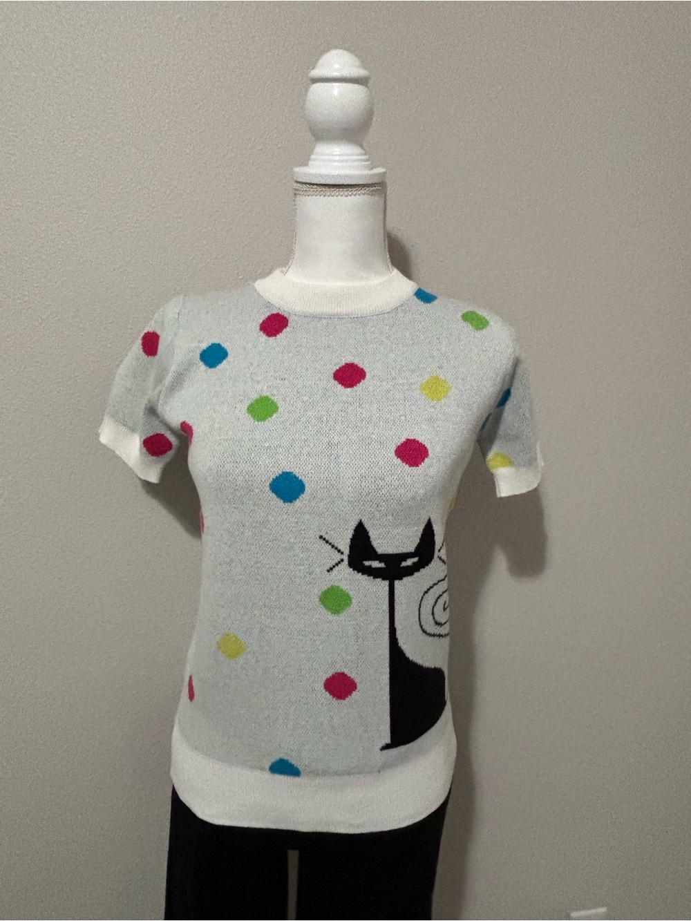 OXKNIT Retro Polka Dot Black Cat Short Sleeve Knit Sweater Top Light Gray M